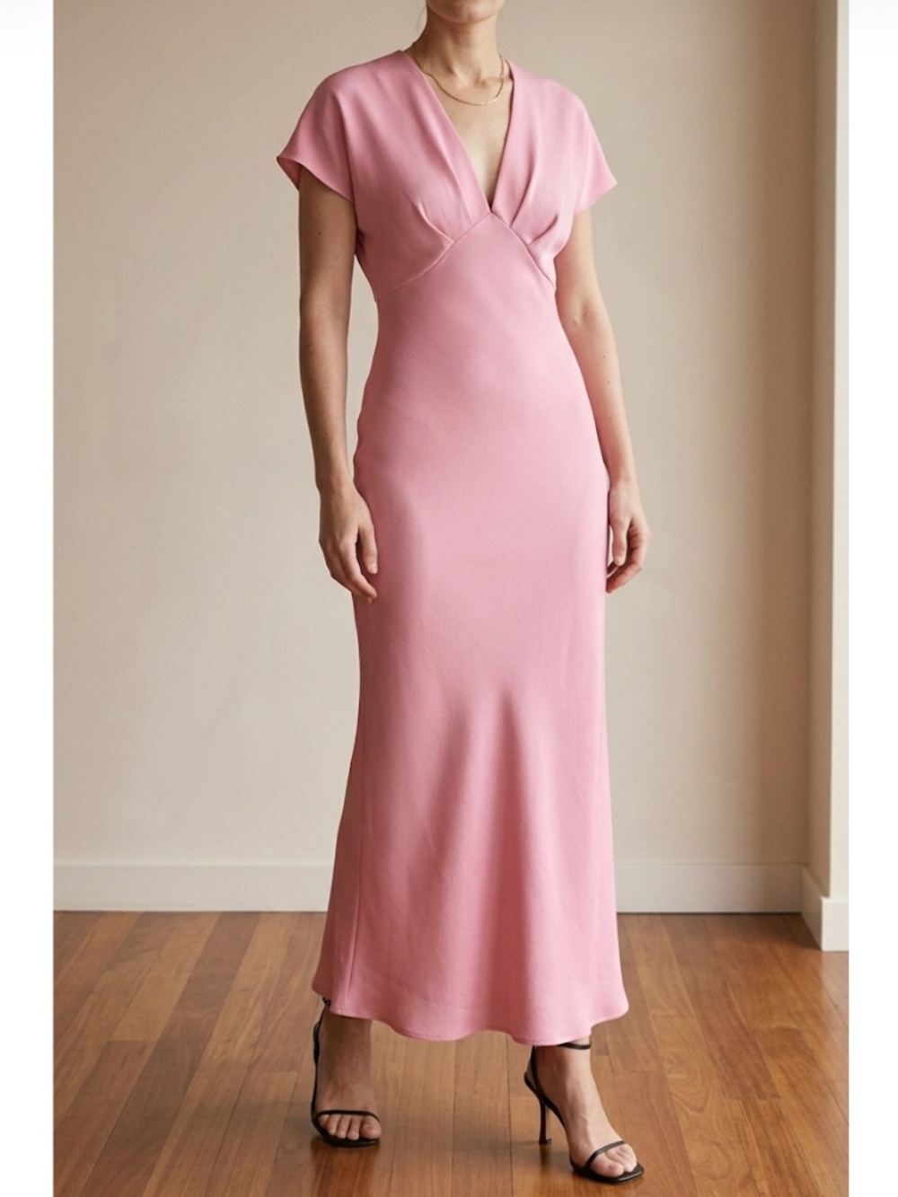Bebe Women's Maxi Satin Dress V-Neck Sz S Pink Elegant